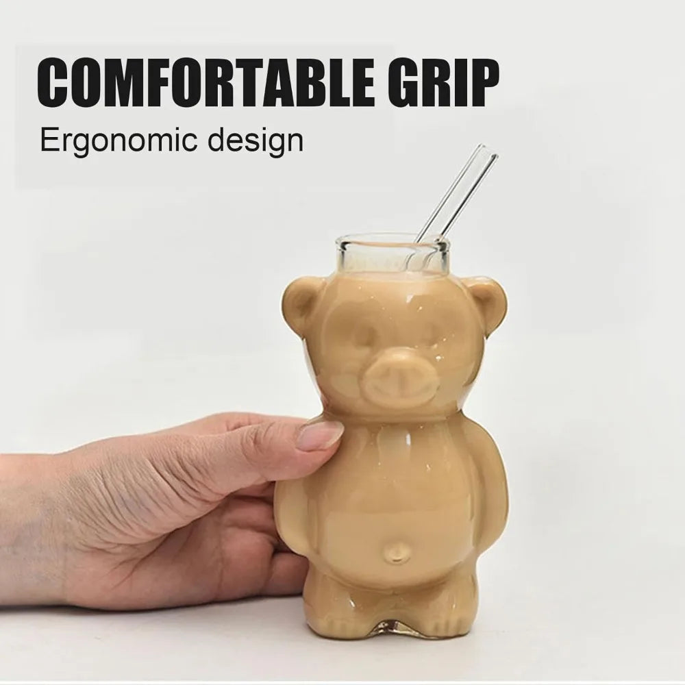 Cute Bear Glass Mug with Straw 320ml (11 fl oz) - Kawaii Cartoon Coffee & Milk Cup