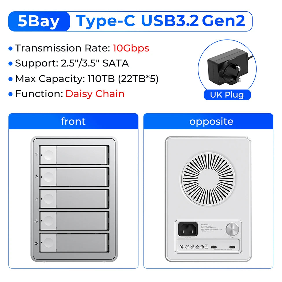 5-Bay 10Gbps SATA HDD & SSD Docking Station, 2.5"/3.5" USB 3.2 Gen2 Type-C Enclosure with Daisy Chain & 150W Power