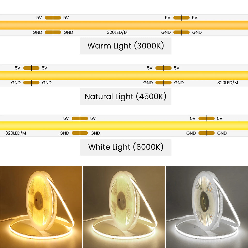 5V COB LED Strip Light with 3xAA Battery Box, 8mm 320 LEDs/m, 0.5–5m, Warm/Natural/Cool White, Adhesive Backing