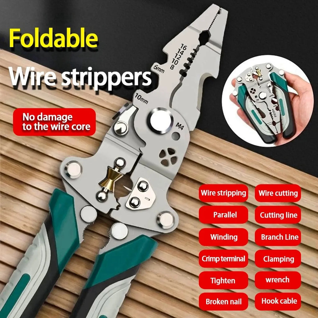Foldable Wire Stripper with Pulley & Wire Winding — Multifunctional Wire Splitter and Crimping Pliers (1-Pack)