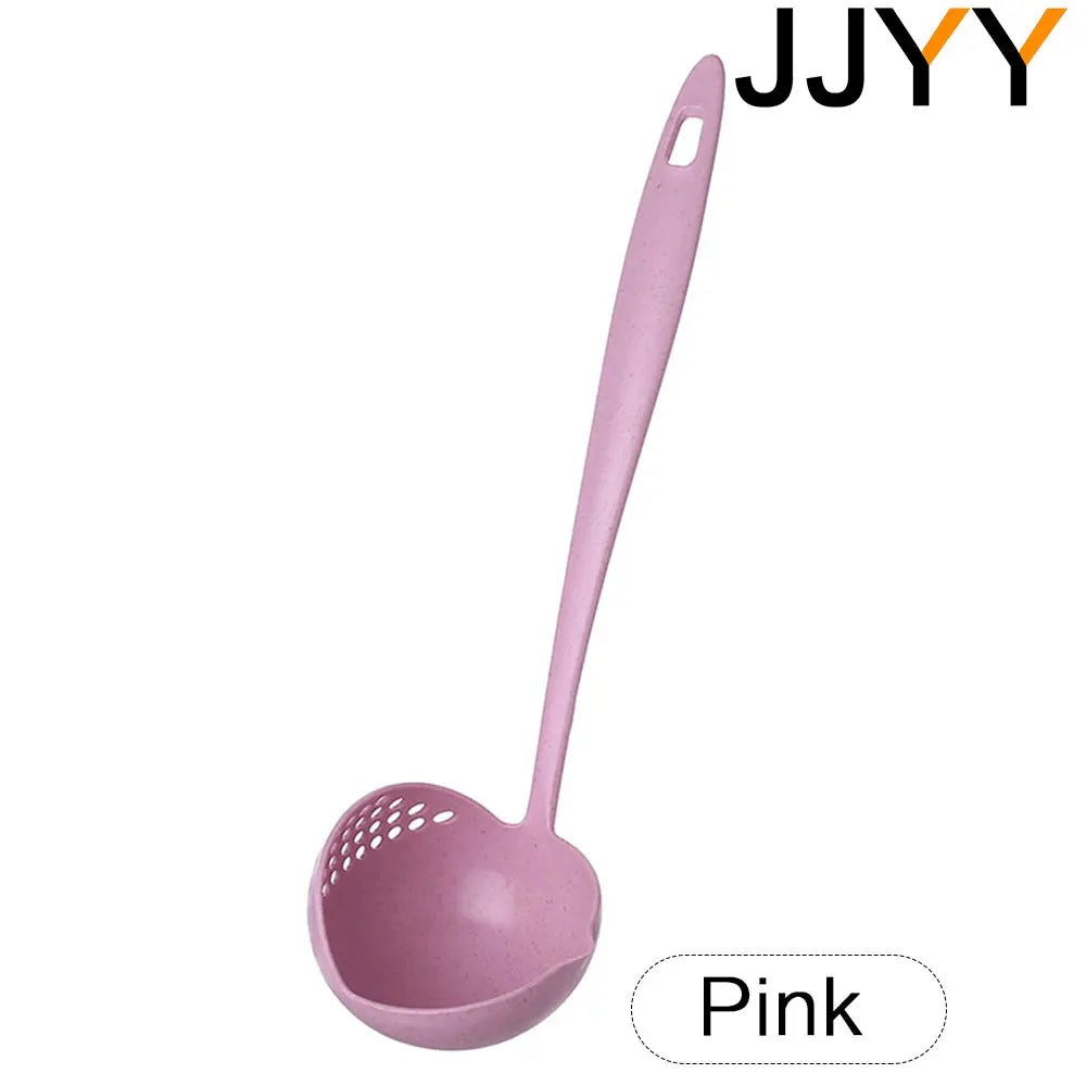 FanzyMarket 2-in-1 long handle slotted spoon strainer, plastic soup ladle for hot pot and kitchen cooking, with a ergonomic handle.