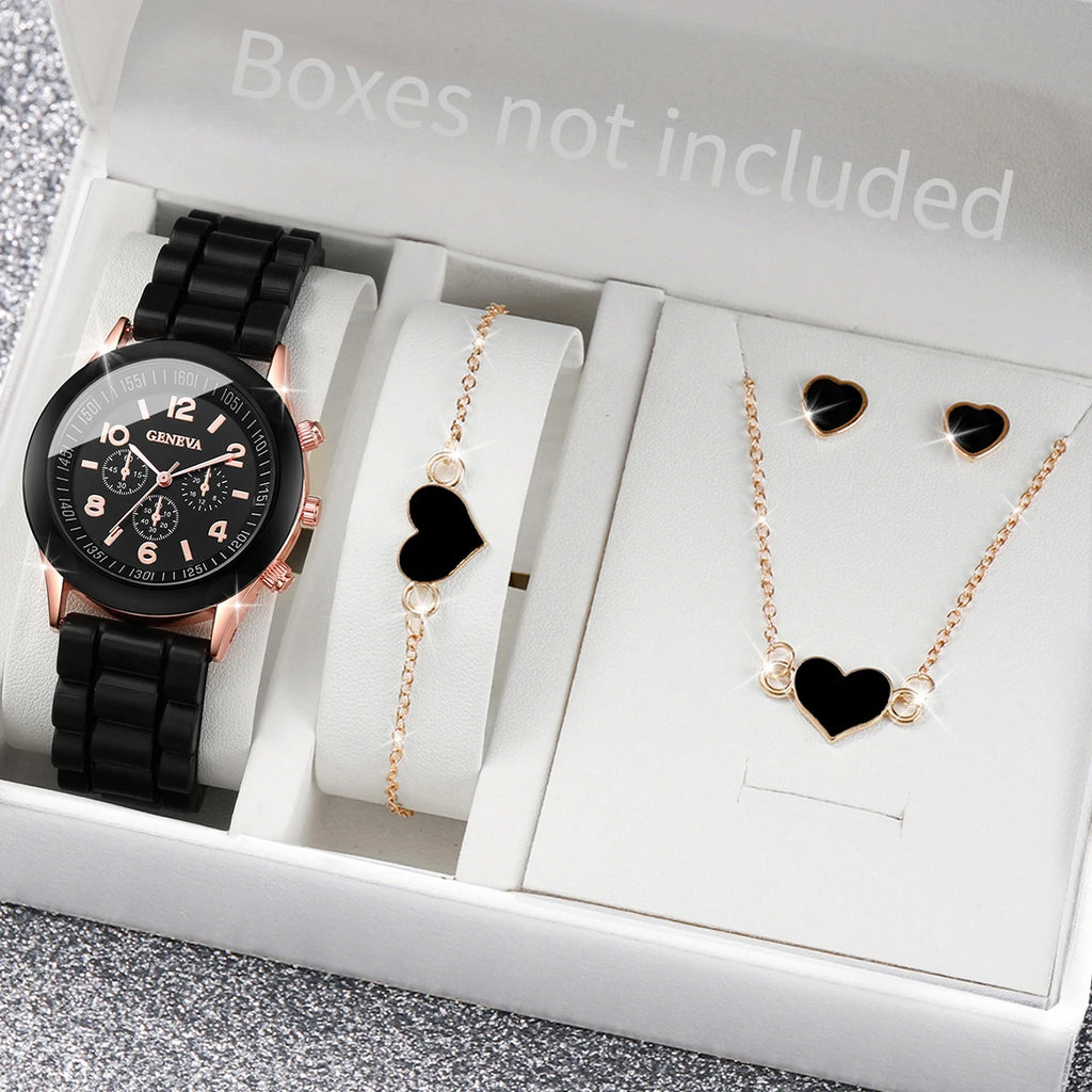 5/6-Piece Women's Quartz Watch & Jewelry Gift Set - Silicone Band, 38mm (1.50 in)