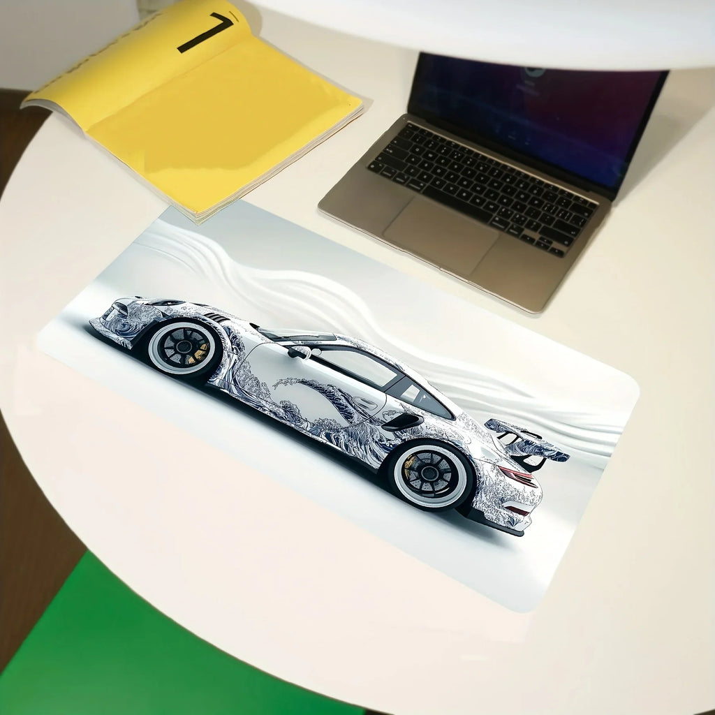 Large Extended Gaming Mouse Pad – White Sports Car Design, Anti-Slip Rubber Base Desk Mat for Gamers & Office