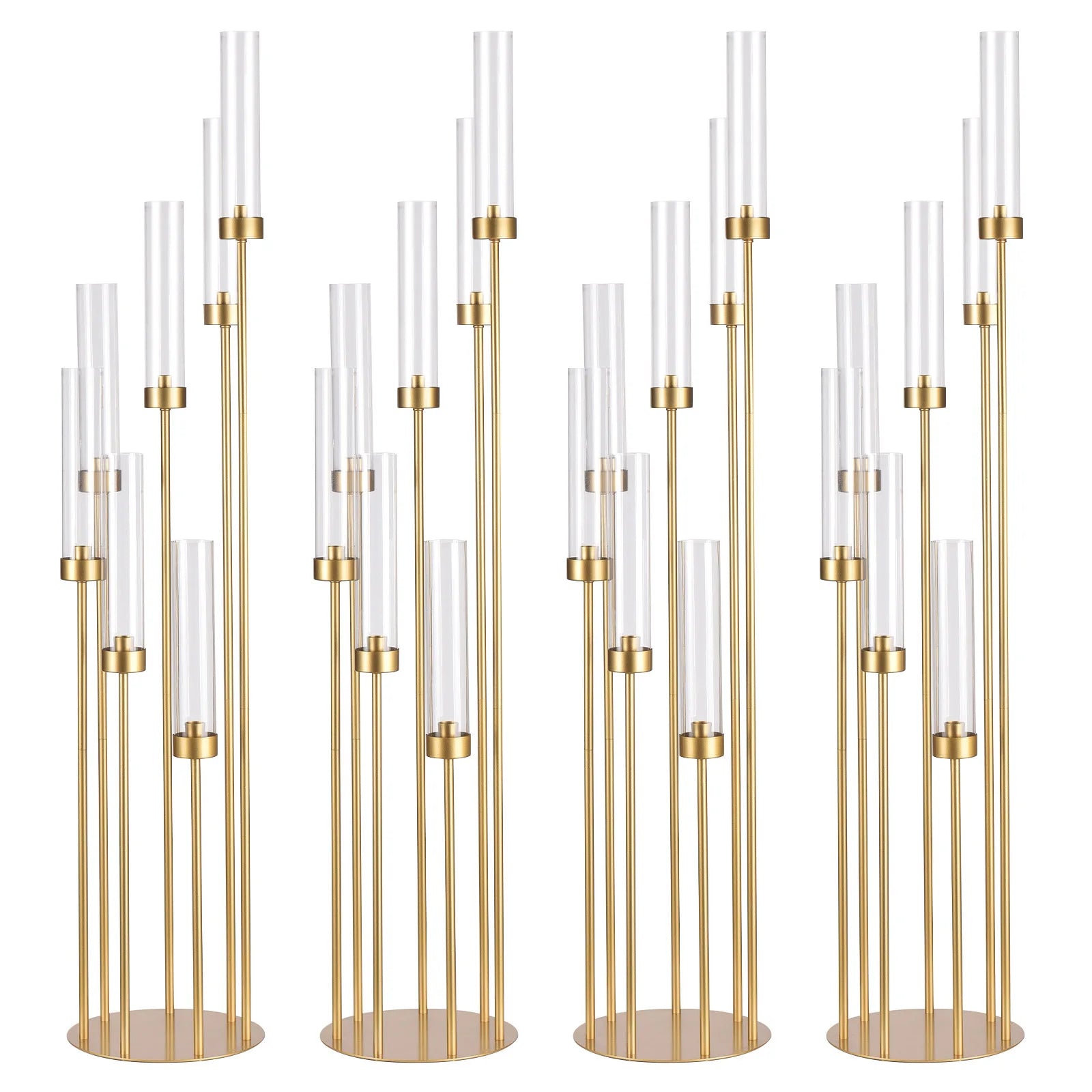 4-Pack 7-Arm Gold Floor Candelabra, 48 in (122 cm) Tall Metal Wedding Centerpiece with Removable Acrylic Shades