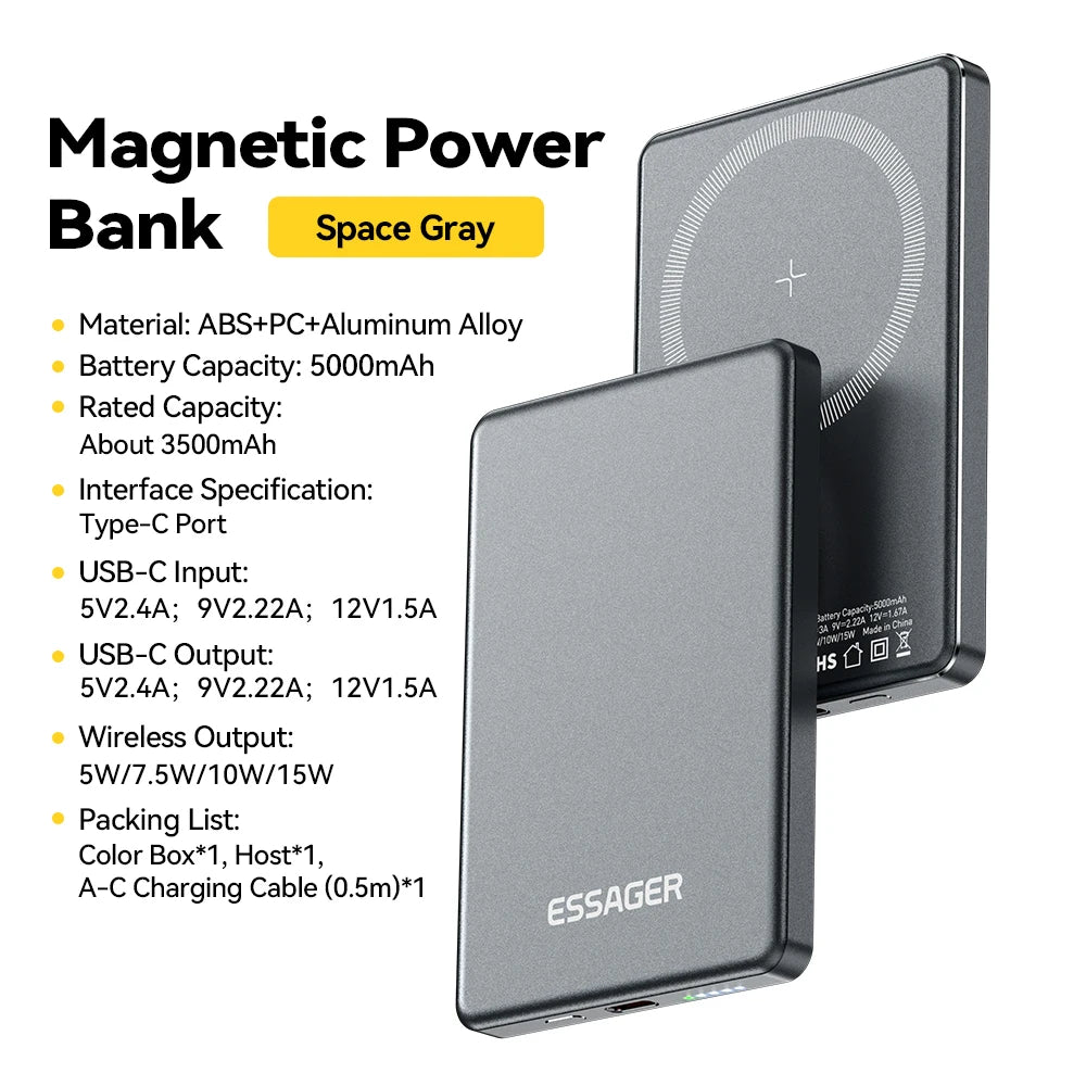 Magnetic 20W Wireless Power Bank 5000mAh — Thin Portable Fast USB-C Charger for Smartphones