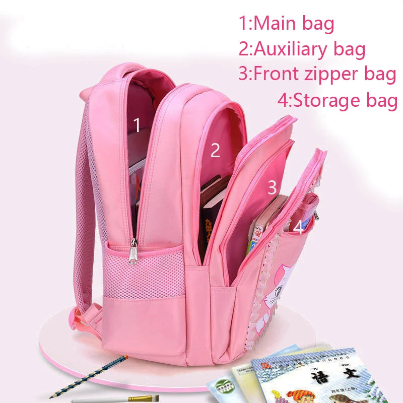 Pink Cute Cat Kids Backpack for Girls — Waterproof Kindergarten & School Bag (Ages 7-13)