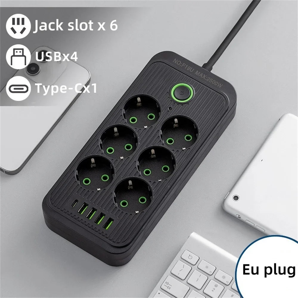 2M EU Plug Power Strip Surge Protector — Multi Outlet Extension Cord with 4 USB Ports & USB-C Fast Charging