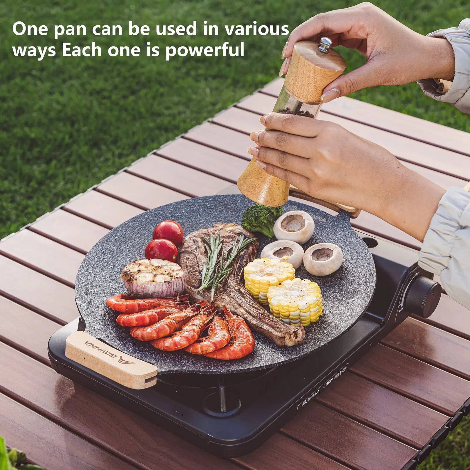 30cm (11.8in) Non-Stick BBQ Grill Pan – Stovetop & Camping Korean-Style Grill Plate with Wooden Handle