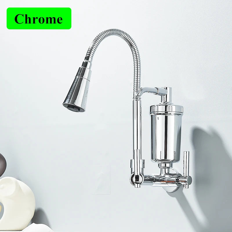Wall-Mounted Pull-Out Kitchen Faucet with Built-In Filter — Chrome & Matte Black, Single Cold Water, Retractable Spout
