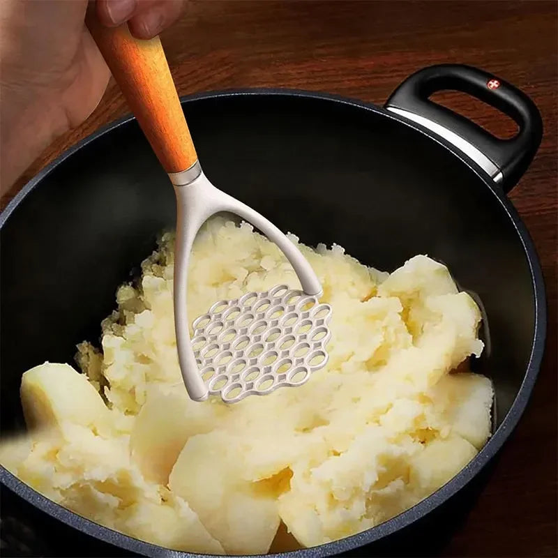 Aluminum Potato Masher with Wood Handle, Manual Ricer & Garlic Pusher Kitchen Tool