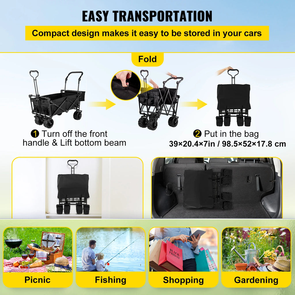 Folding Collapsible Wagon Cart with Adjustable Handle, Removable Canopy — 600D Oxford Utility Beach & Camping Cart