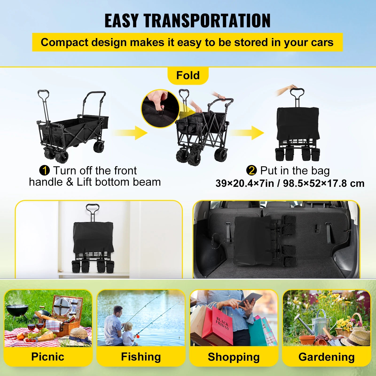 Folding Collapsible Wagon Cart with Adjustable Handle, Removable Canopy — 600D Oxford Utility Beach & Camping Cart