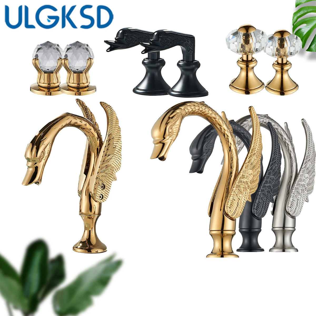 Golden Swan-Shaped Bathroom Faucet 3-Piece Basin & Tub Mixer with Dual Crystal Handles, Hot & Cold