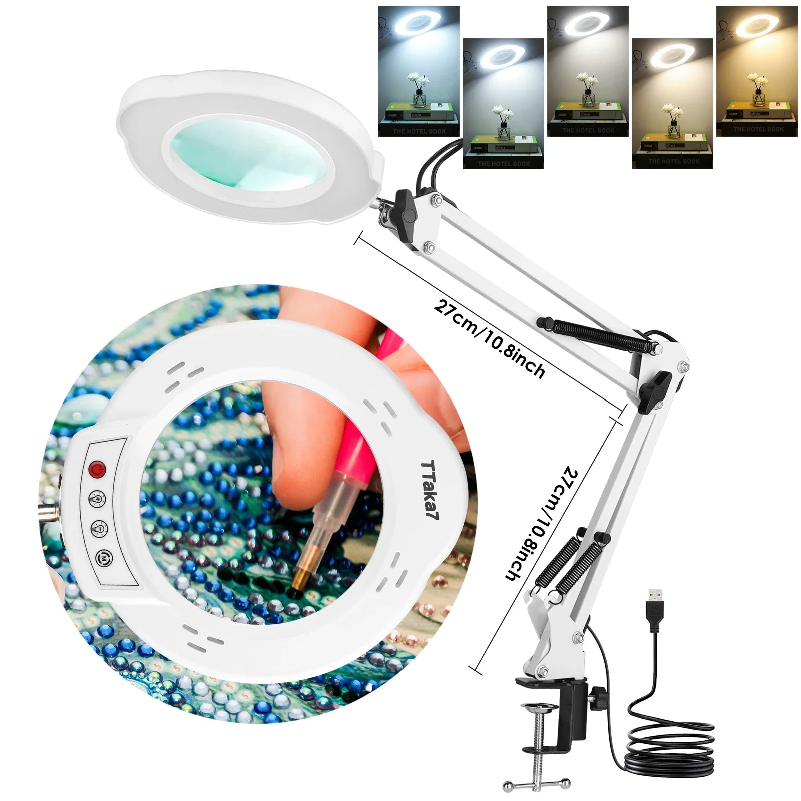 72-LED 8X/10X USB Illuminated Magnifying Lamp — 3-Color Adjustable LED Magnifier with Clamp for Soldering, Crafts, Repair & Skincare