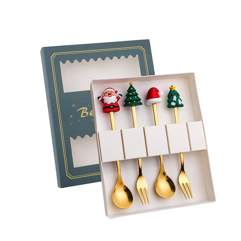 4-Piece Stainless Steel Christmas Cutlery Set – Spoon & Fork Holiday Table Decor with Elk & Tree Ornaments