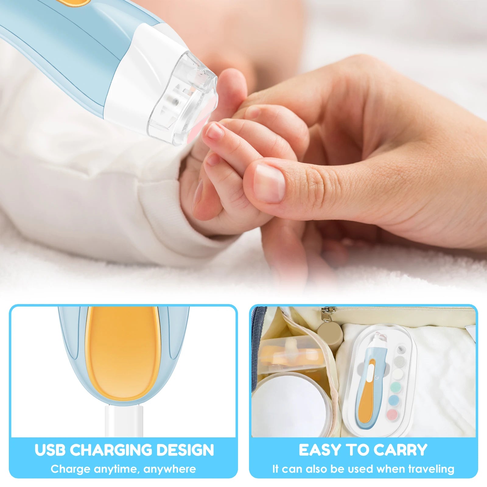 USB Rechargeable Electric Baby Nail Trimmer, LED Light, Silent Motor, Adjustable Speed, 6 Grinding Heads (Newborn to Adult)