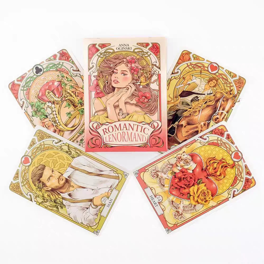 Romantic Lenormand Oracle Cards — 37-Card Deck, Art Nouveau Floral Motifs, English Vision, 10.2 x 7.2 cm (4.0 x 2.8 in) for Parties & Board Games