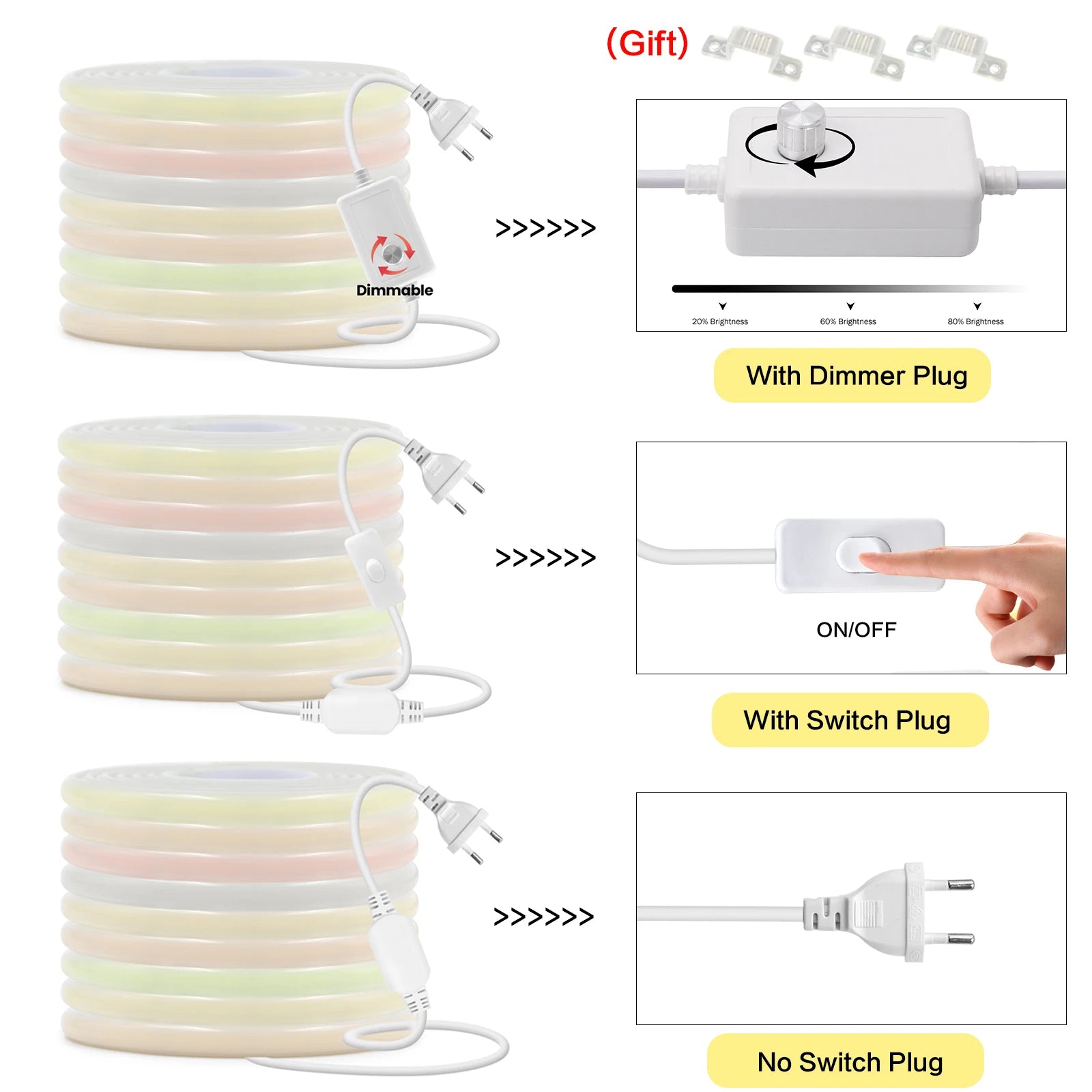220V COB LED Strip Light 288 LEDs/m IP65 Dimmable with Switch or Dimmer Plug — 3000K 4000K 6000K Waterproof Indoor/Outdoor