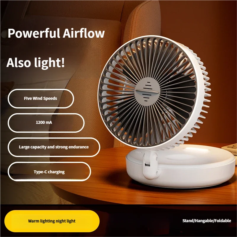 5000mAh Foldable Glow-in-the-Dark Rechargeable Wall-Mount Portable Quiet High-Speed Desk Fan for Office and Students