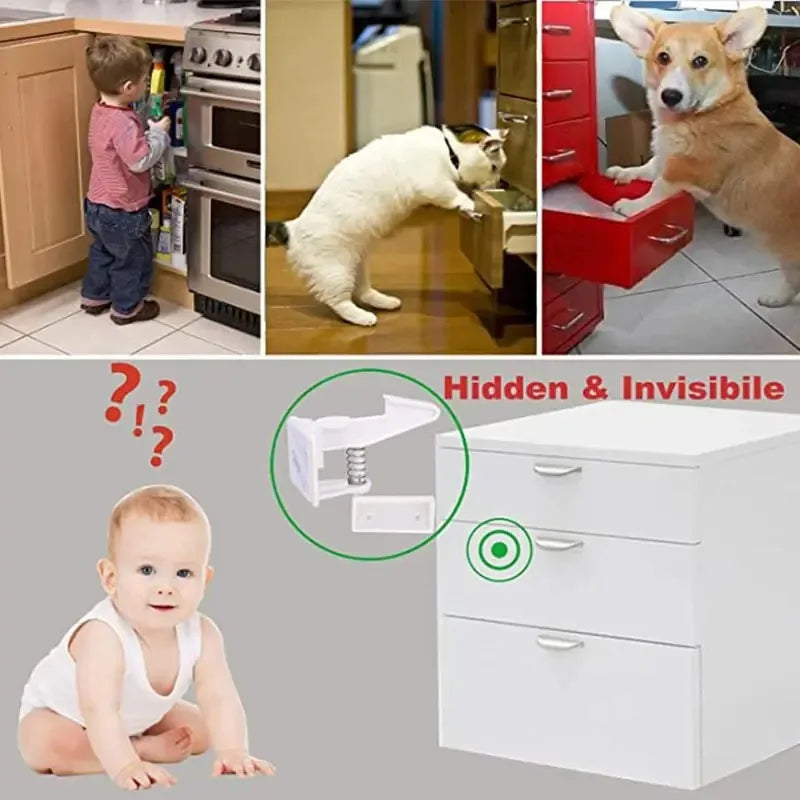 10-Pack Invisible Baby Cabinet Locks – No-Drill Adhesive Child Safety Locks for Drawers & Cabinets, White