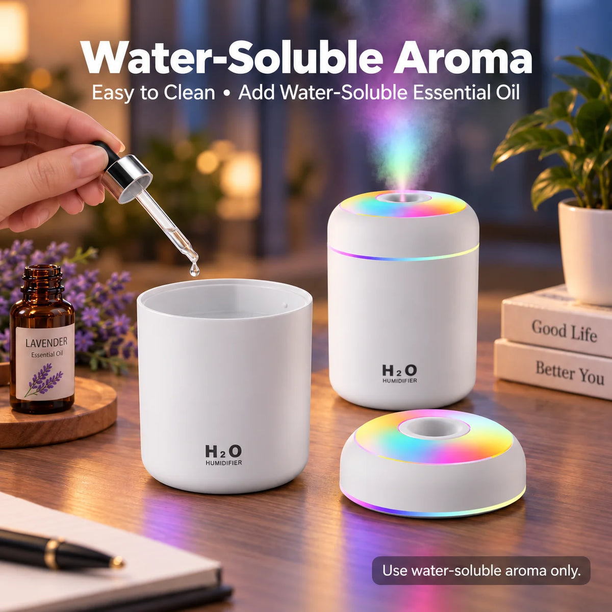 Mini USB Humidifier and Aroma Diffuser - Ultrasonic Cool Mist Portable with LED Light for Home, Bedroom, Car, Office, Desktop
