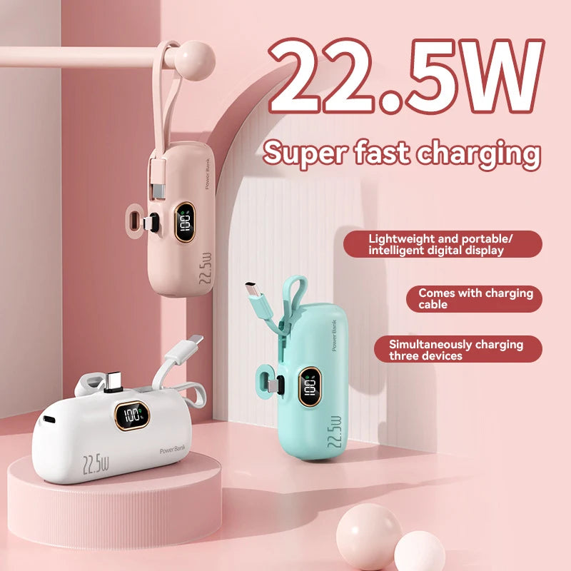 50000mAh Mini Capsule Power Bank 22.5W Fast Charging Portable External Battery with Built-in Cables & Digital Display Compatible with iPhone Huawei Samsung