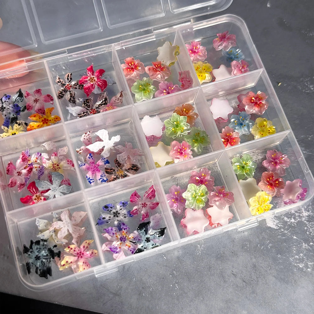 72-Piece 3D Crystal Jelly Nail Charms – Transparent Floral, Leopard & Hibiscus Nail Art Decorations