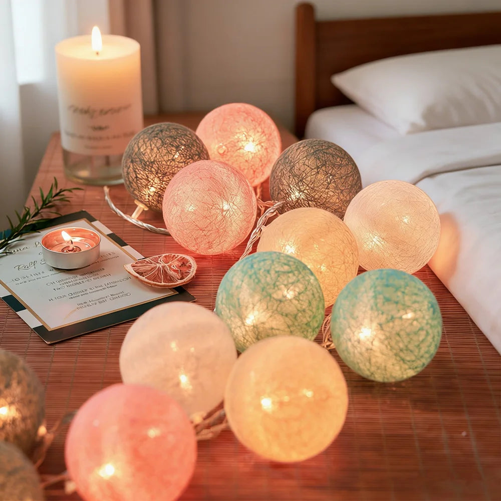 10/20 LED Cotton Ball String Lights - Fairy Garland for Wedding, Party, Garden & Patio (Indoor/Outdoor)