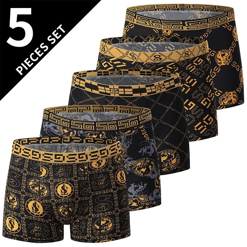 5/10-Pack Men's Black and Gold Printed Boxer Briefs - Comfortable Stretch Underwear for Sports, Beach & Leisure