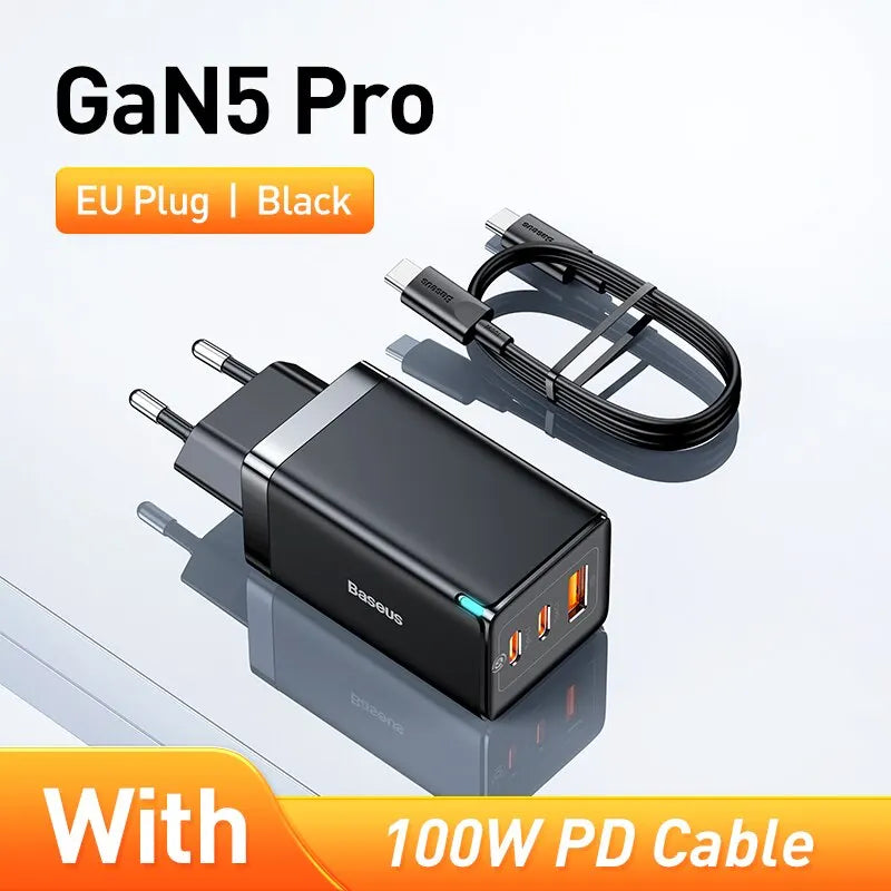 65W GaN Fast Charger – Dual USB-C + USB-A PD Quick Charger with 100W USB-C Cable for Laptop, Phone & Tablet