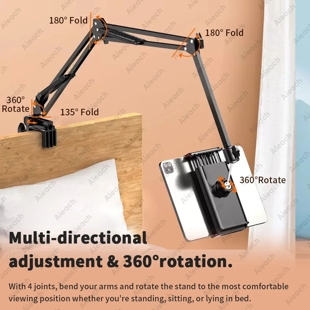 360° Rotating Tablet & Phone Stand - Aluminum Arm Desktop and Bed Mount, Fits 4–11 in (10–28 cm) Devices
