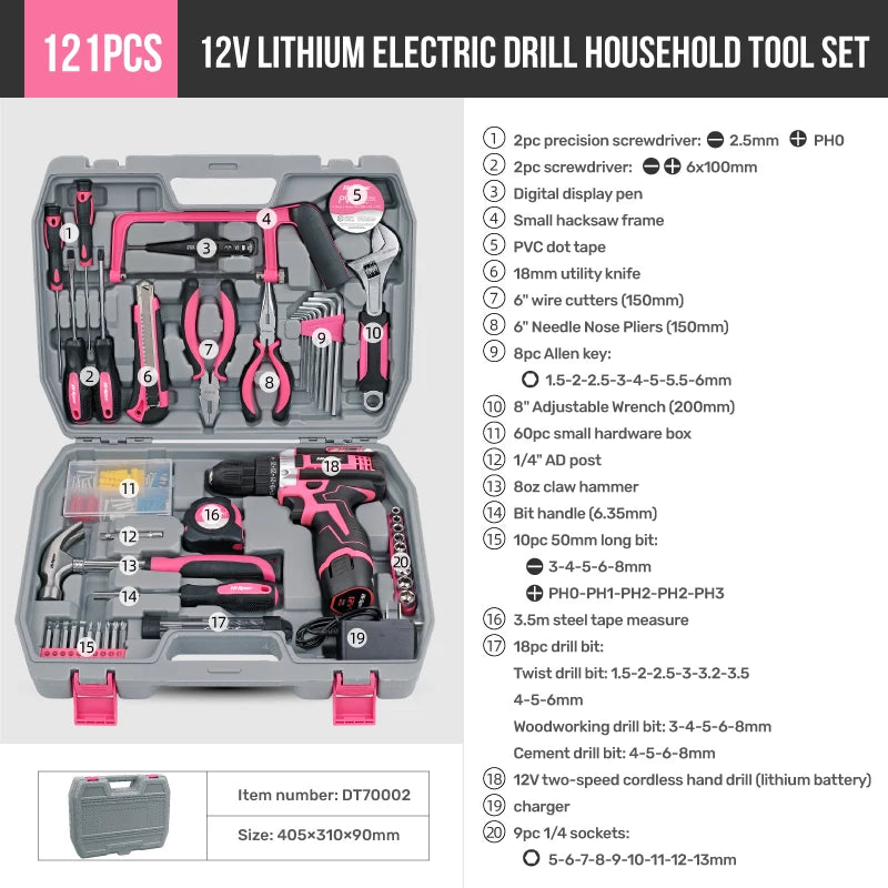 Pink Cordless Electric Screwdriver & Home Repair Tool Kit - Complete Set with Drill Bits, Hammer & Carry Case