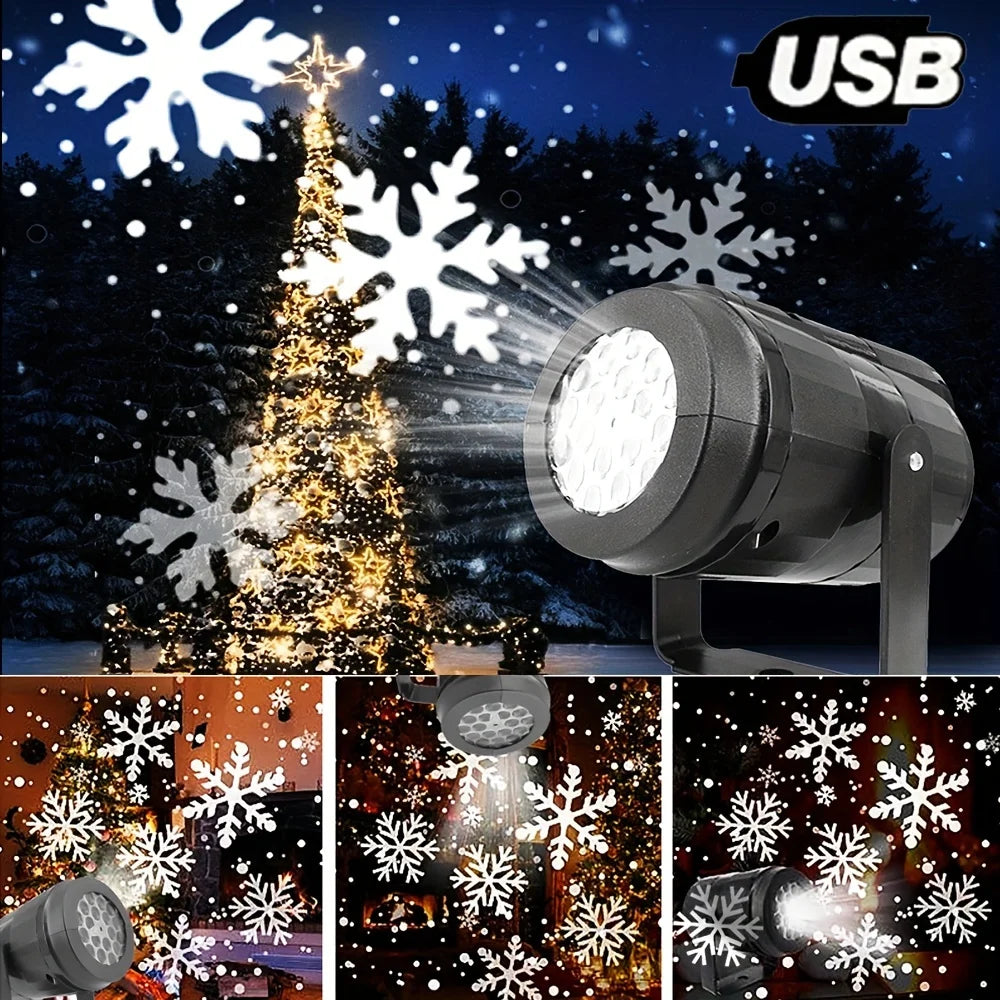 USB Snowflake Projector Light – Rotating White Snow Pattern LED Lamp for Christmas, Holiday & Party Decor