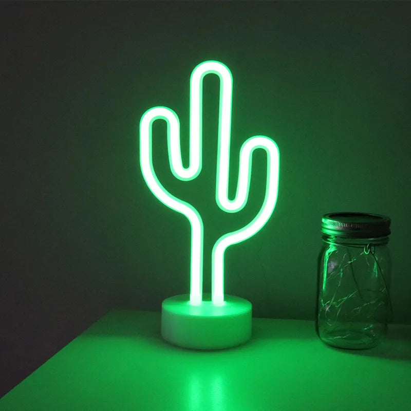 Green LED Cactus Neon Table Lamp with Base - Decorative Bedroom Night Light for Wedding & Party Decor