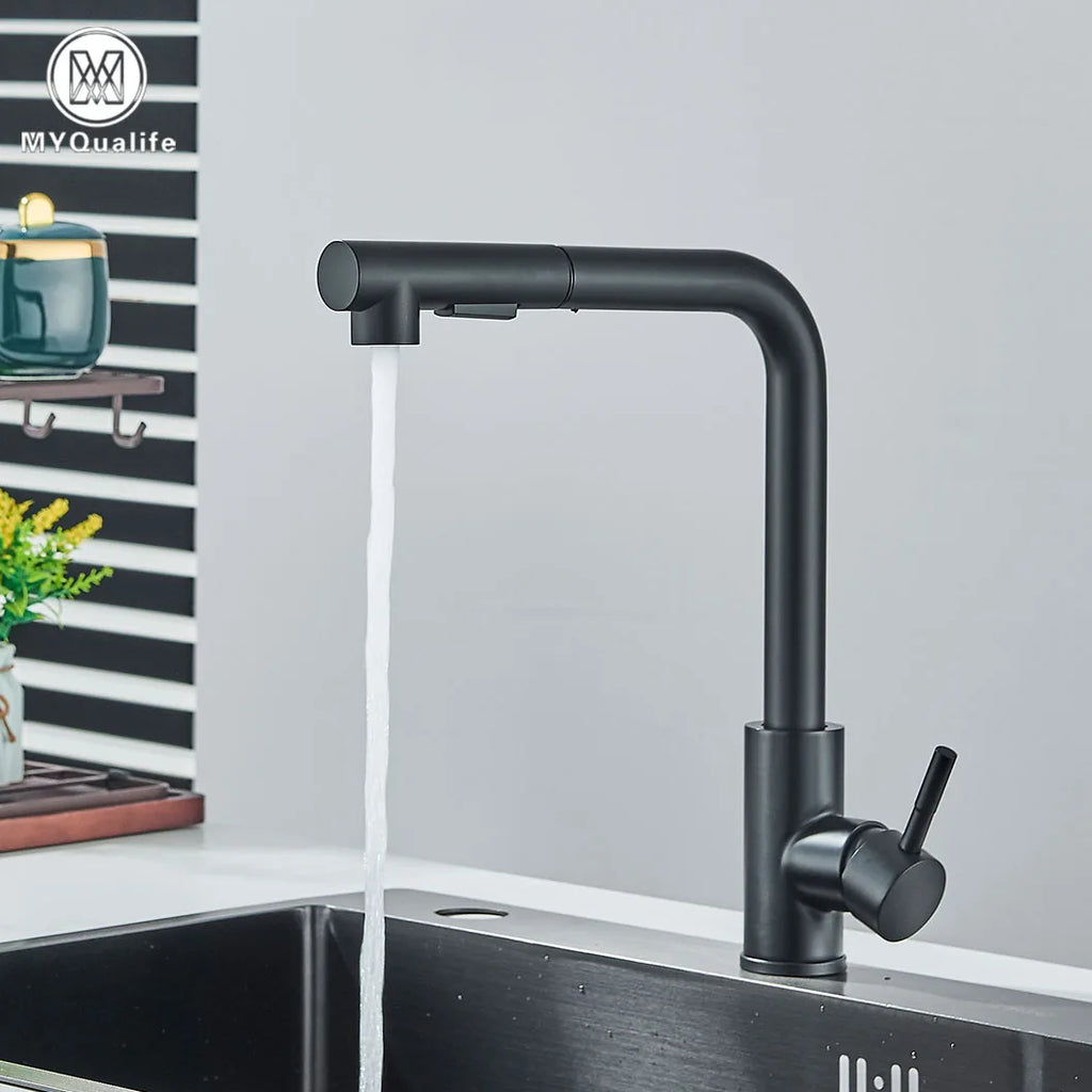Black Pull-Out Kitchen Faucet Retractable Spray Single-Handle Deck-Mounted Mixer Tap Hot & Cold