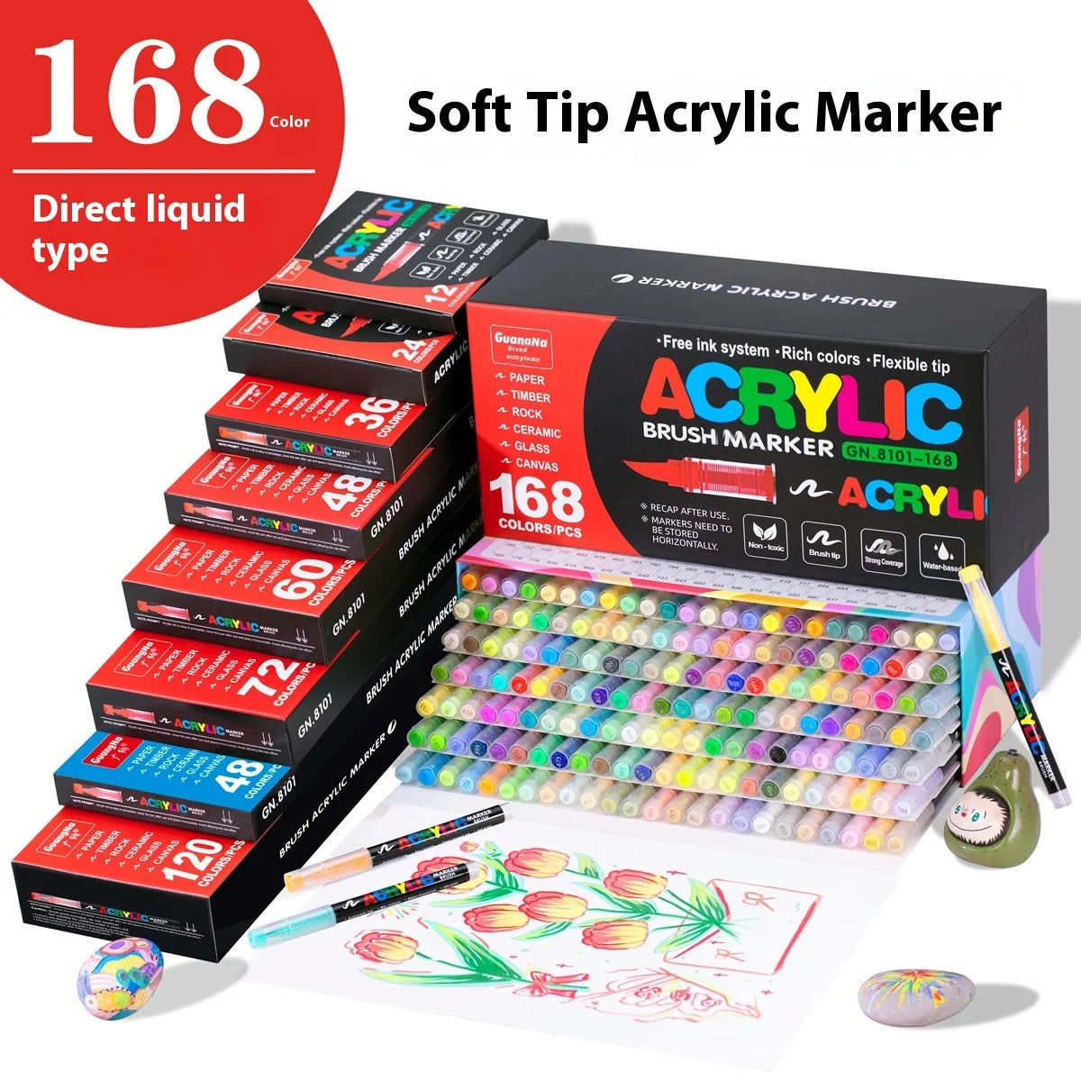 Acrylic Paint Pens Set - Multi-Tip Brush & Marker for Rock Painting, Stone & Ceramic Art (12 to 240 Colors)