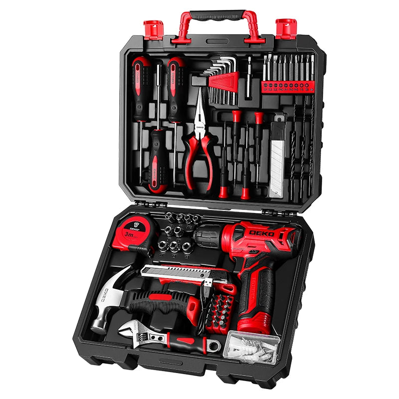 8V Cordless Drill 126-Piece Home Tool Kit - Red Electric Drill & Hand Tools for DIY