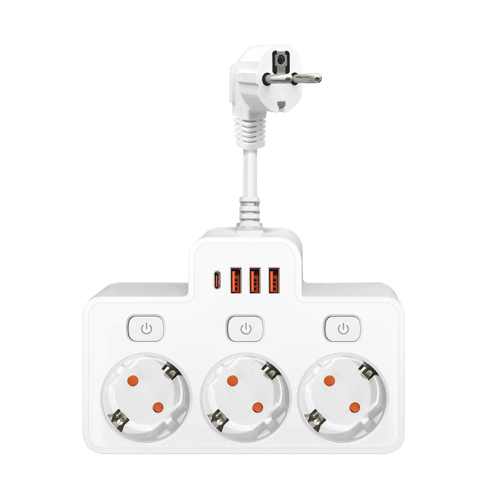 EU Wall-Mounted Power Strip — 3 AC Outlets + 4 USB Ports, Independent Switches, 0.5 m (20 in) Cord