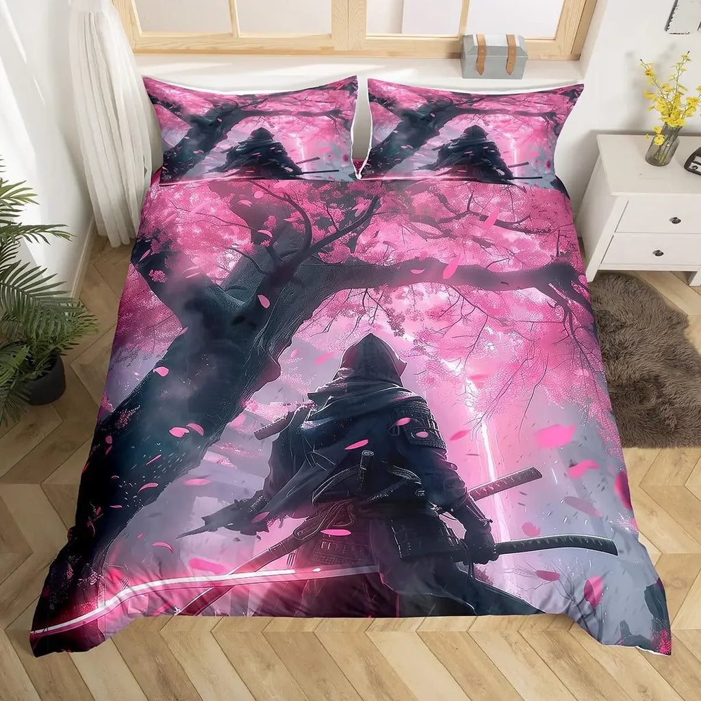 Japanese Samurai Duvet Cover Set 3-Piece - Cherry Blossoms Red Sun & Mount Fuji Print - Multiple Sizes (Twin/Full/Queen/King)