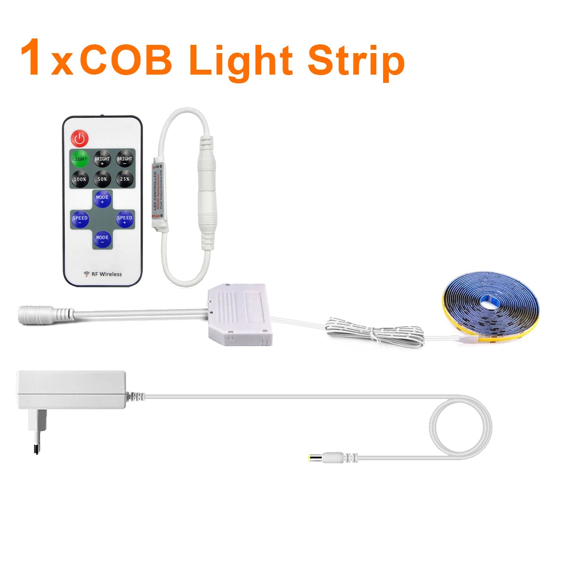 Dimmable COB LED Strip Light 12V DC (EU Plug) with RF Remote, Under-Cabinet & Cabinet Lighting