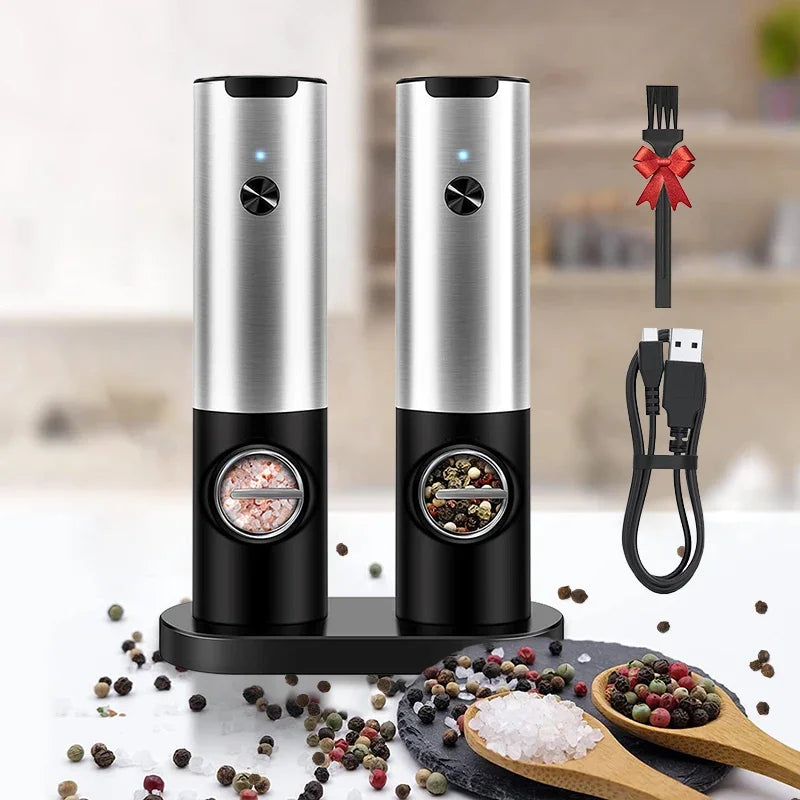 USB Rechargeable Electric Salt & Pepper Grinder Set with LED Light - Adjustable Spice Mill for Kitchen & BBQ