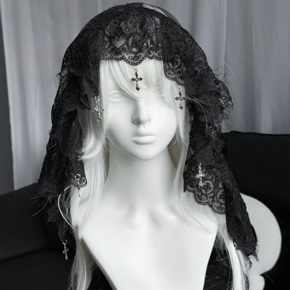 Y2K Gothic Lace Cross Bandana Headpiece Dark Lolita Tulle Head Cover for Halloween Cosplay