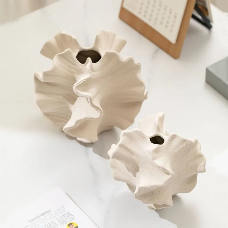 Porcelain Ceramic Vase with Geometric Wavy Petal Design — Tabletop Flower Vase for Home Decor