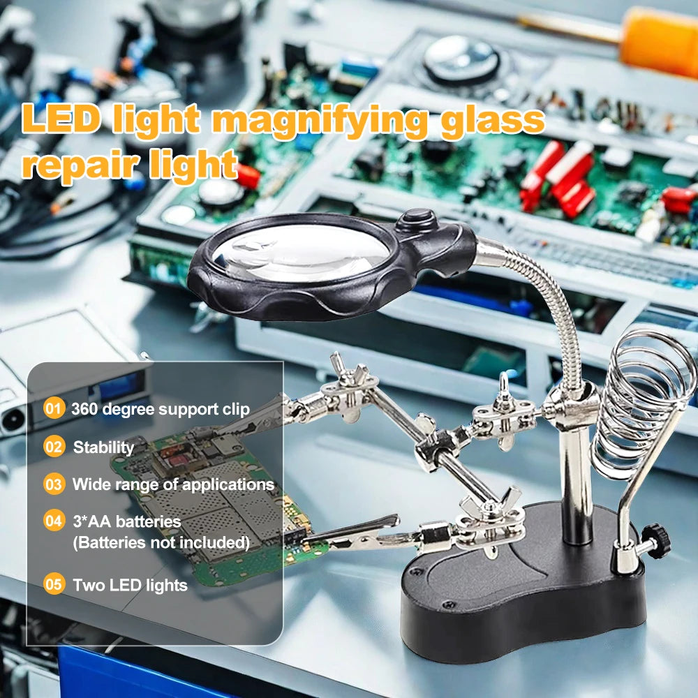 Adjustable 3.5X/12X Dual-Lens Magnifying Welding Clip with LED Light - Soldering Helping Hands & Circuit Board Repair Loupe