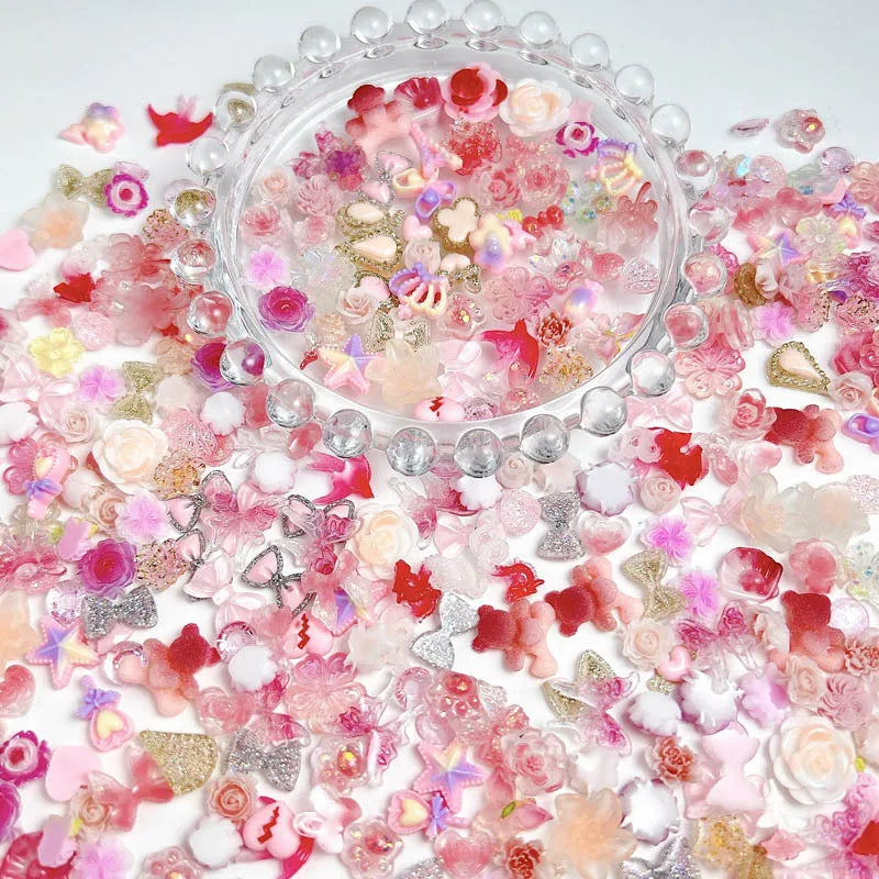 100-Pack Cute Cartoon 3D Resin Nail Charms Flower, Bow & Fruit Nail Art Decorations for Manicure & DIY Phone Case