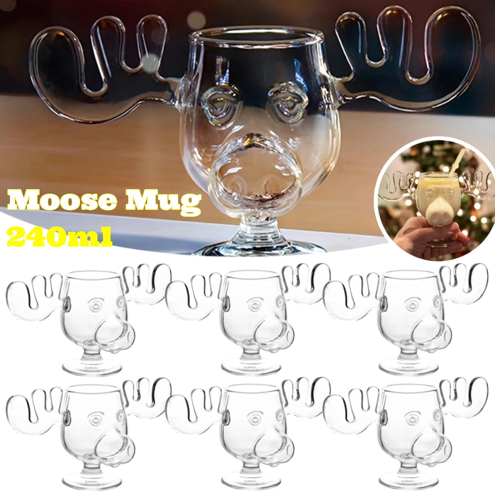 Christmas Moose Glass Mug 8oz (240ml) Reindeer Antler Holiday Drinkware 1/2/3 Pack