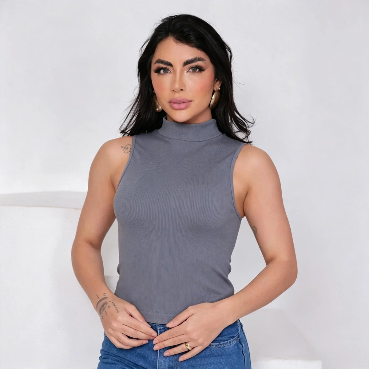 High Neck Ribbed Sleeveless Tank Top with Cutout Shoulder, Chic Women's Summer Knit