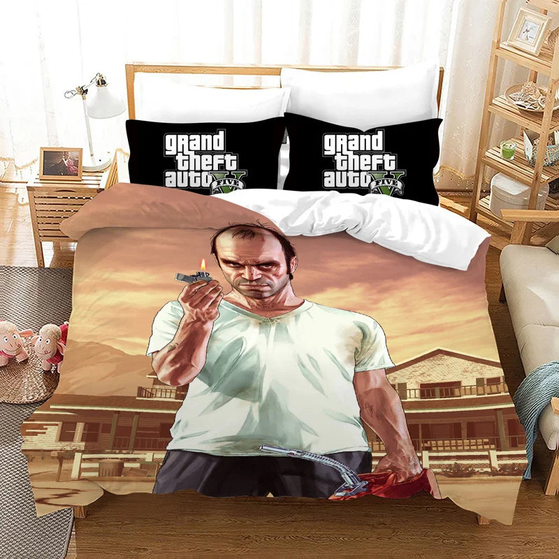GTA V Cartoon 3-Piece Bedding Set — Printed Duvet Cover & 2 Pillowcases, Twin to King (68×86–104×90 in / 172×218–264×228 cm)