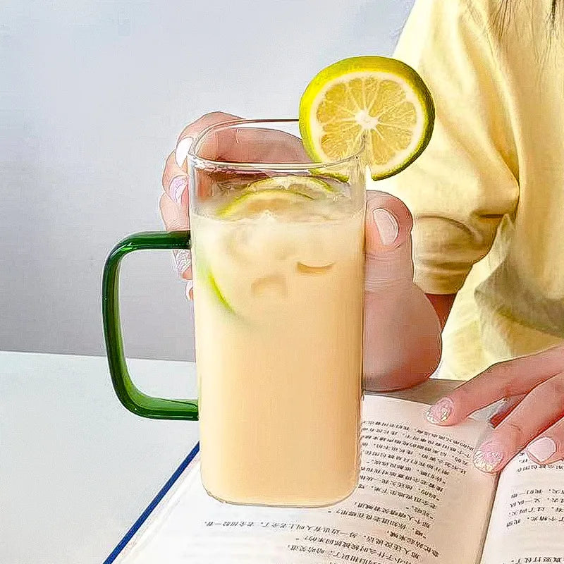 400ml (13.5 oz) Square Glass Mug with Lid and Straw — Microwave Safe Coffee, Milk & Party Drinkware