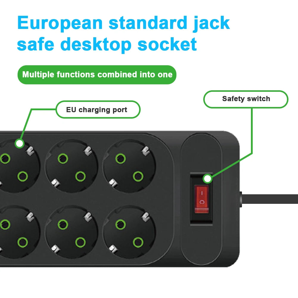 EU Power Strip 2500W — 10-Outlet Extension with Safety Master Switch, 6 USB Ports incl. USB-C, 2m (6.6 ft) Cord, EU Plug